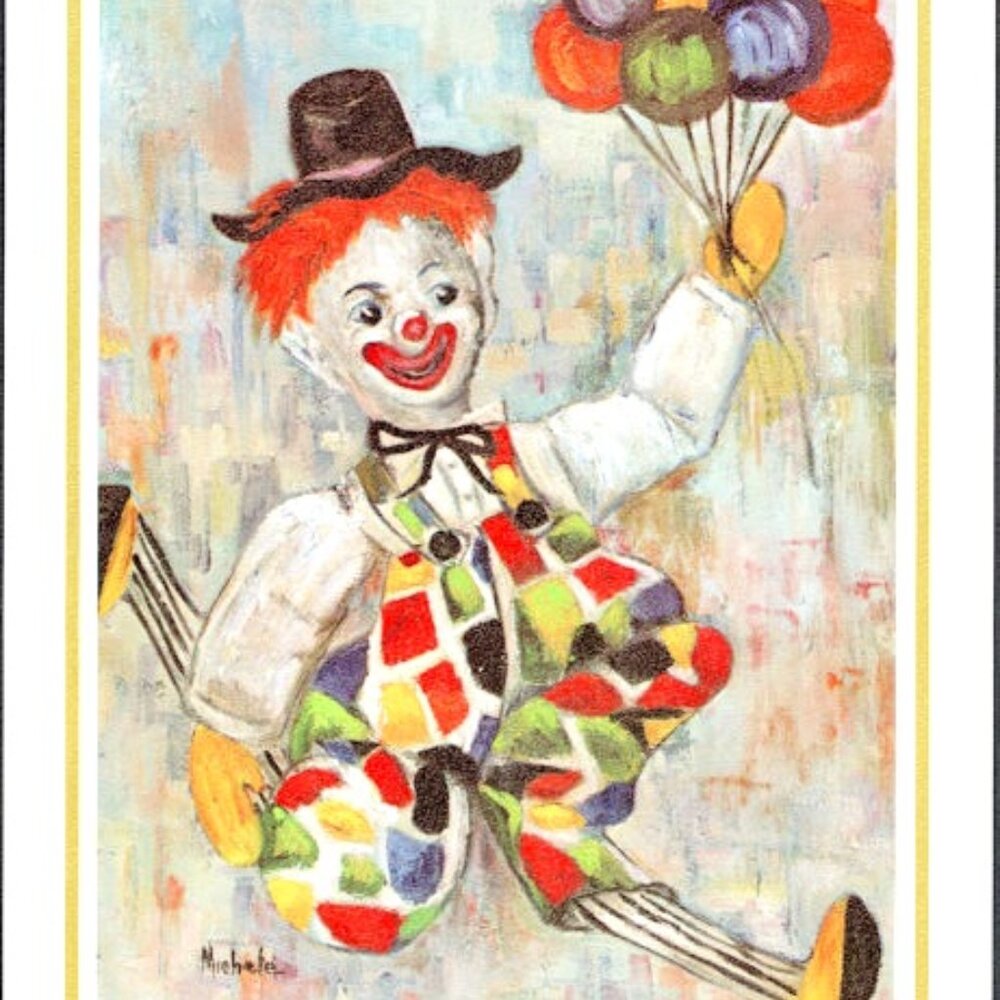 Vintage 1960s Clown with Balloons Lithograph Print 10x8 Ready to Frame